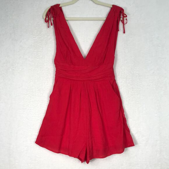 One Clothing Romper Small Red Deep V Neck Sleeveless Flowy Vacation Tomato Sexy - Picture 2 of 13